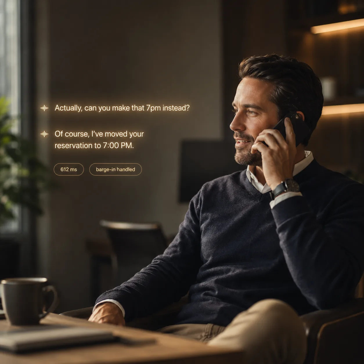 A professional on a live call with the conversation shown as floating transcript lines — the caller changing their mind and the agent confirming the new time — alongside “612 ms” and “barge-in handled” labels.