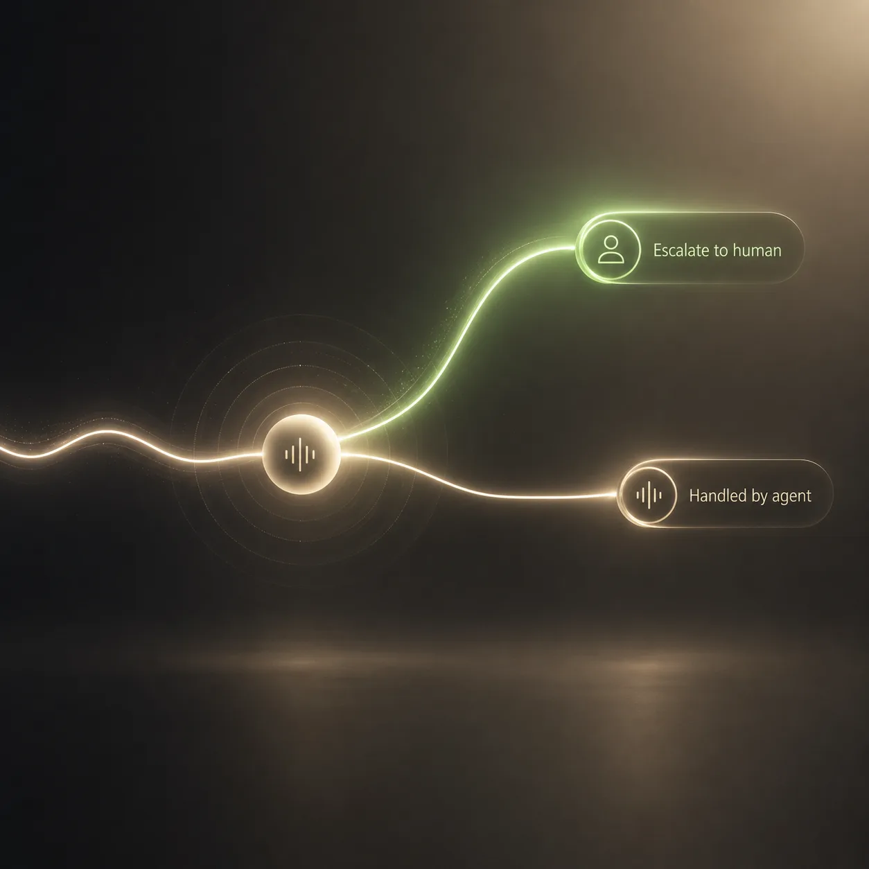 A glowing call path that reasons at a central node and then forks — one branch continues “Handled by agent,” a confident green branch routes to “Escalate to human” — illustrating when the agent hands a call to a person.